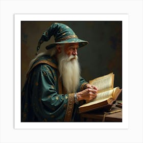 A Wise Old Wizard With A Long Beard, Studying An Ancient, Magical Tome 1 Art Print