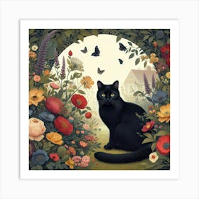 Black Cat In The Garden  Art Print