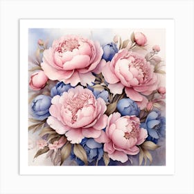 A Stunning Bouquet Of Pink Peonies And Blue Flowers, Each Petal Delicately Rendered In A Watercolor Style, Creating A Dreamy And Ethereal Atmosphere Art Print