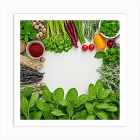 Top View Of Fresh Herbs On White Background Art Print