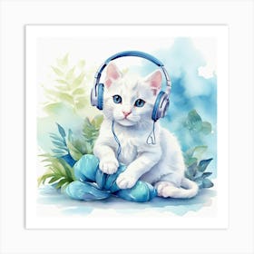 White Cat With Headphones 1 Art Print