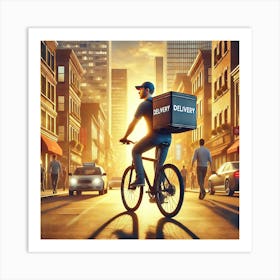 Urban Food Delivery Wall Art: A Dynamic Rider in Action at Sunset for Modern Lifestyle and City Decor Print Art Art Print