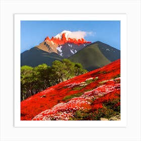 A Large Mountain With Red Flowers Stacked Below It And A Wide Blue Sky Behind (1) Art Print