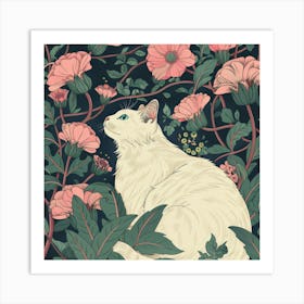 White Cat In Flowers 5 Art Print