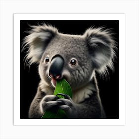 Cute Koala chewing on leaf portrait isolated on black background Art Print