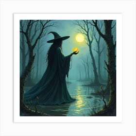 Dark Sorceress Conjuring Spells In An Eerie Swamp, Watercolor Design 1 Art Print