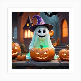 Cute Ghost With Halloween Pumpkins Art Print