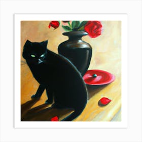 Black Cat With Roses Art Print