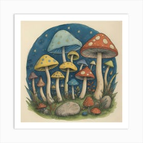 Mushrooms In The Night Art Print