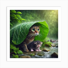 Cat And Kitten In The Rain 2 Art Print