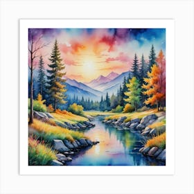 Celestial Colors: The Enchanted Creek Sunset By The River Art Print