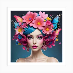 Beautiful Woman With Colorful Hair And Butterflies Art Print