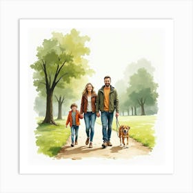 Watercolor Illustration Of An English Family Walking Their Dog In A Park 1 Art Print