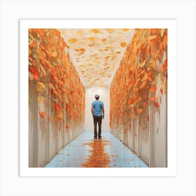 Man Walking Through A Hallway Covered In Leaves Art Print