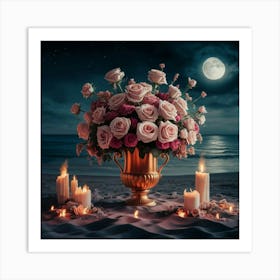 vase of Roses ander moon light 1 Art Print