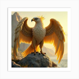 A Majestic Griffin With Golden Feathers Perched On A Sunlit Rock 1 Art Print