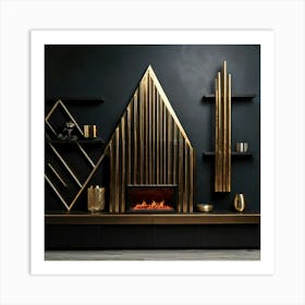 Firefly Bold, Geometric, Fireplace, Design, Polished, Black, Brass, Accents, Narrow, Shelves, Minima (10) Art Print