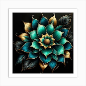 Abstract Flower In Blue And Gold Art Print