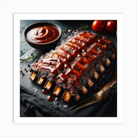 Ribs With Sauce On A Black Background Art Print