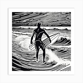 Linocut Black And White Surfer On A Wave art, surfing art, 6 Art Print