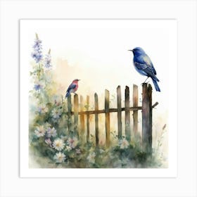Bluebirds On A Fence Art Print