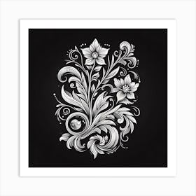 Floral Drawing On A Black Background Art Print