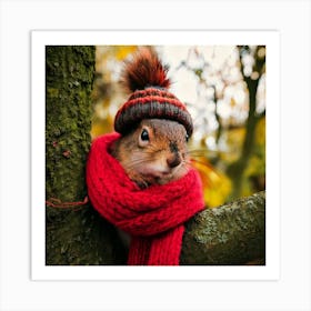 Firefly Squirrel, Closeup, Cute, Knitted, Hat, Scarf, Branch, Tree, Autumn, Cozy, Woodland, Nature, (10) Art Print