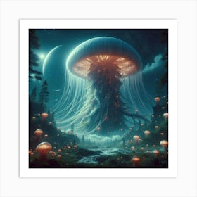 Enchanting Fantasy Art: Gigantic Mithril Jellyfish, Moonlit Mushroom Forest | 8K Cinematic Matte Painting in Unreal Engine 5 Art Print