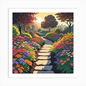 Colorful Landscape Painting With Flowering Daisies In Naive Art Style (2) Art Print