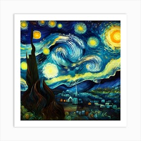 Re Imagine Van Gogh S Starry Night Painting Depicting A Magical Landscape And Night Sky In His Bold, Swirling Style Using Digital Art Tools And Techniques Art Print