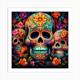 Maraclemente Many Sugar Skulls Colorful Flowers Vibrant Colors 12 Art Print