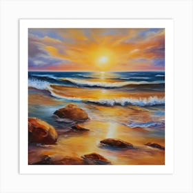 The sea. Beach waves. Beach sand and rocks. Sunset over the sea. Oil on canvas artwork.13 Art Print