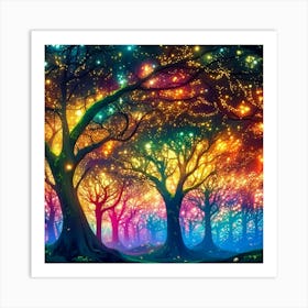 A captivating scene of trees that appear to be alive, with twinkling lights and vibrant 13 Art Print