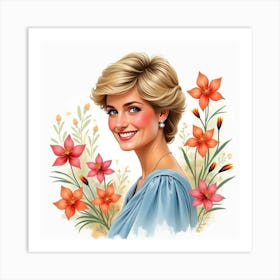 Bright Watercolor Flowers, Princess Diana S Graceful Smiling Face 1 Art Print