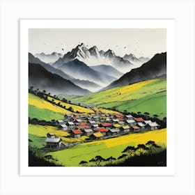 A small village nestled in a valley, Art Print