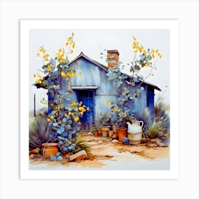 Blue House With Yellow Flowers Art Print