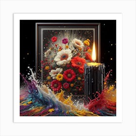 A lit candle inside a picture frame surrounded by flowers 5 Art Print
