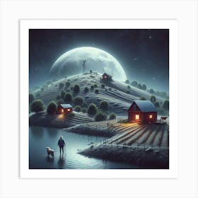 A man and his dog in a village in the moon Art Print