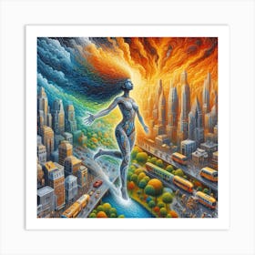 Woman Flying Over A City Art Print