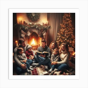 Family Reading Christmas Book In Front Of Fireplace Art Print