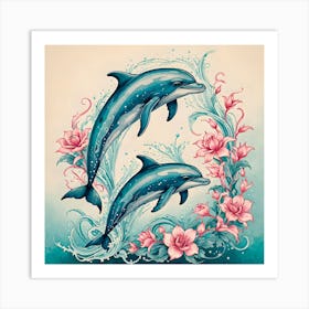 Dolphins In The Water With Flowers Poster