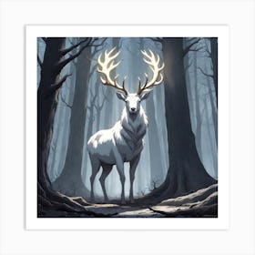 A White Stag In A Fog Forest In Minimalist Style Square Composition 35 Art Print