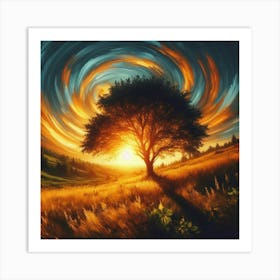 A lone tree in a meadow at sunset, with swirling sky, oil painting art Art Print