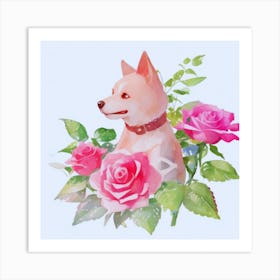 Dog With Roses Art Print