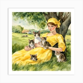 Lady With Kittens Art Print