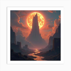 Titan Towering Above A Broken City, Sky Ablaze With Color 1 Art Print