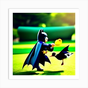 Batman playing with super duck Art Print