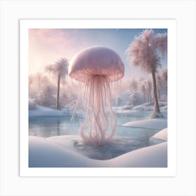 Digital Oil, Jellyfish Wearing A Winter Coat, Whimsical And Imaginative, Soft Snowfall, Pastel Pinks (1) Art Print