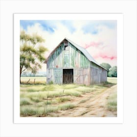 Watercolor Rustic Tin Barn Country Field Landscape With Shades Of Blush Pink Pale Blue Art Print