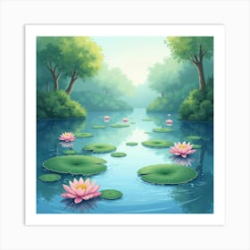 Dreamlike Watercolor Lake With Floating Lotus Blossoms 1 Art Print